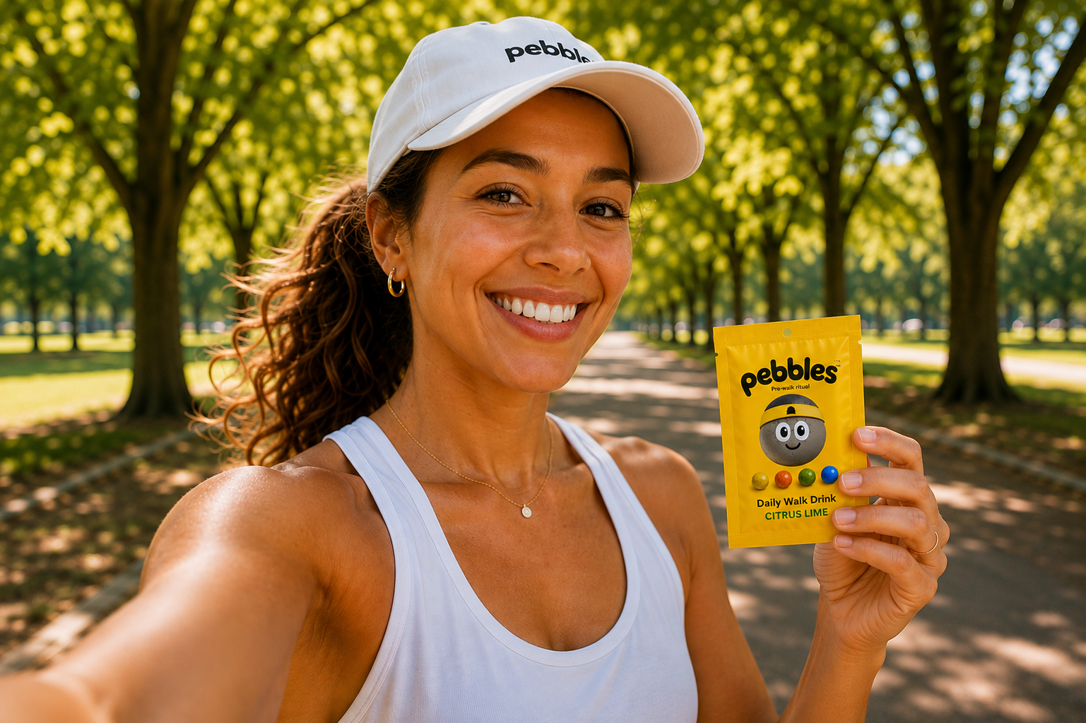 A smiling walker holding a Citrus Lime Pebbles pack on a sunny tree-lined path