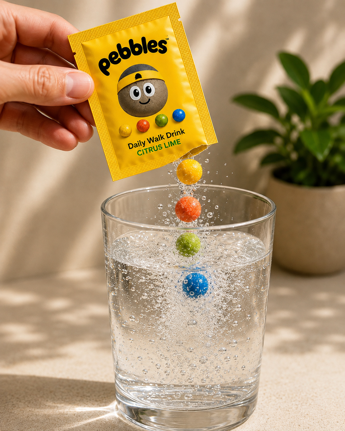 Colorful Pebbles tablets dropping into a fizzy glass of water