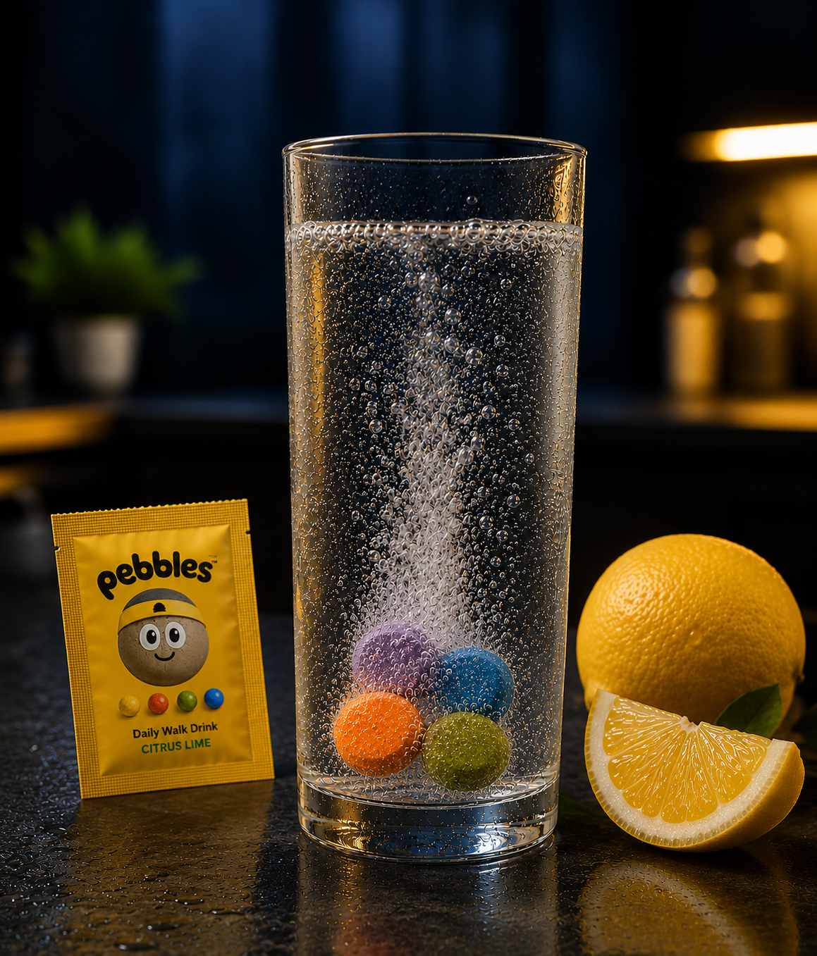 Glass of cold water with four Pebbles tablets fizzing beside a daily pack and lemon