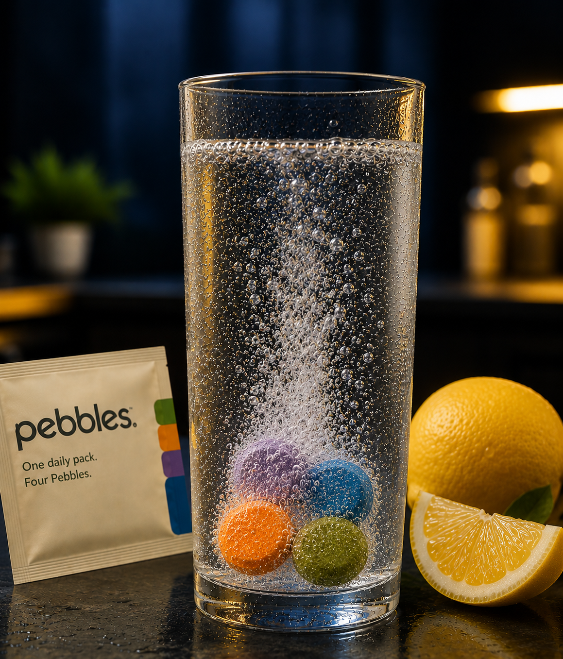 Glass of cold water with four Pebbles tablets fizzing beside a daily pack and lemon