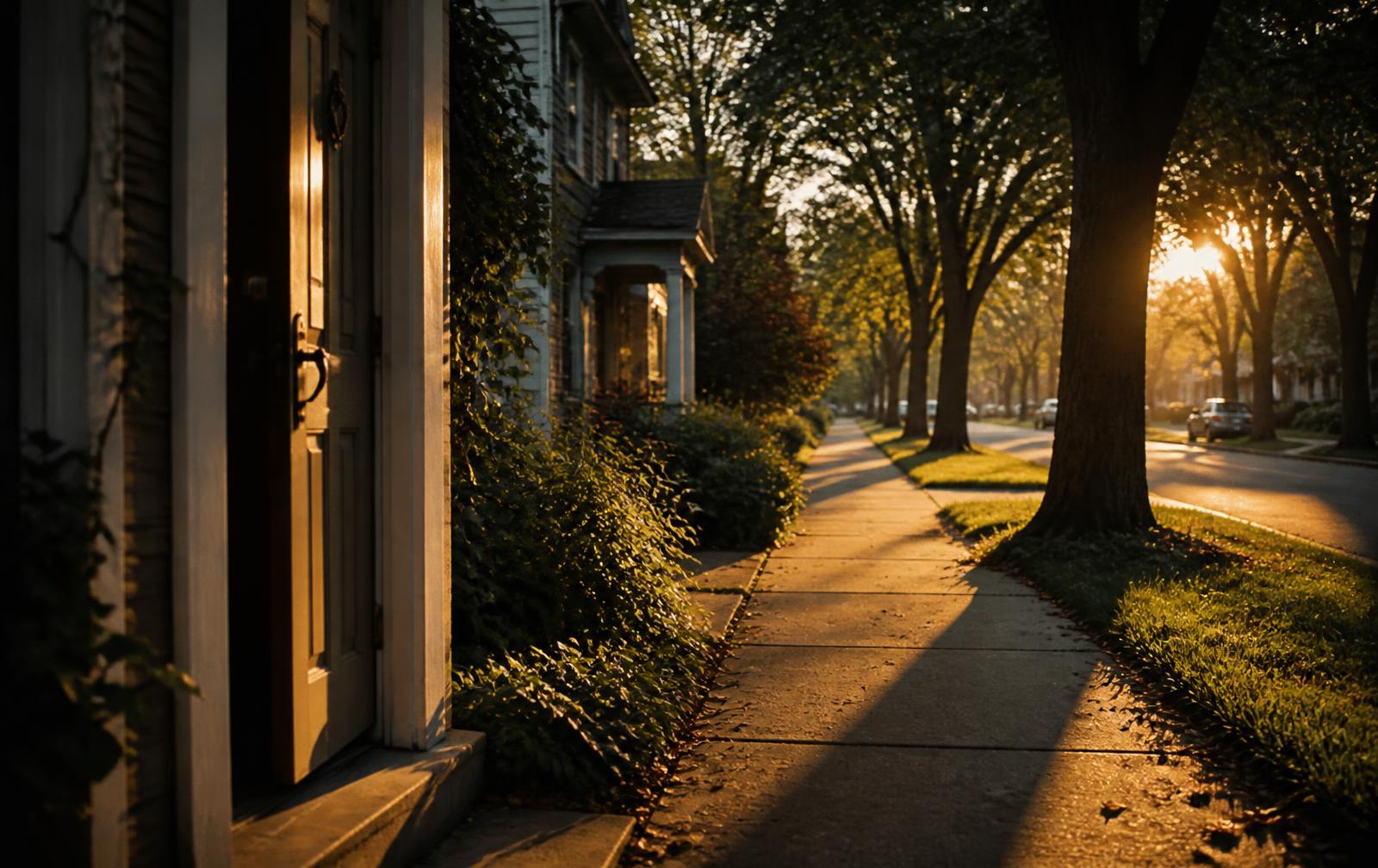 An ordinary neighborhood sidewalk at golden hour, a front door ajar in the foreground