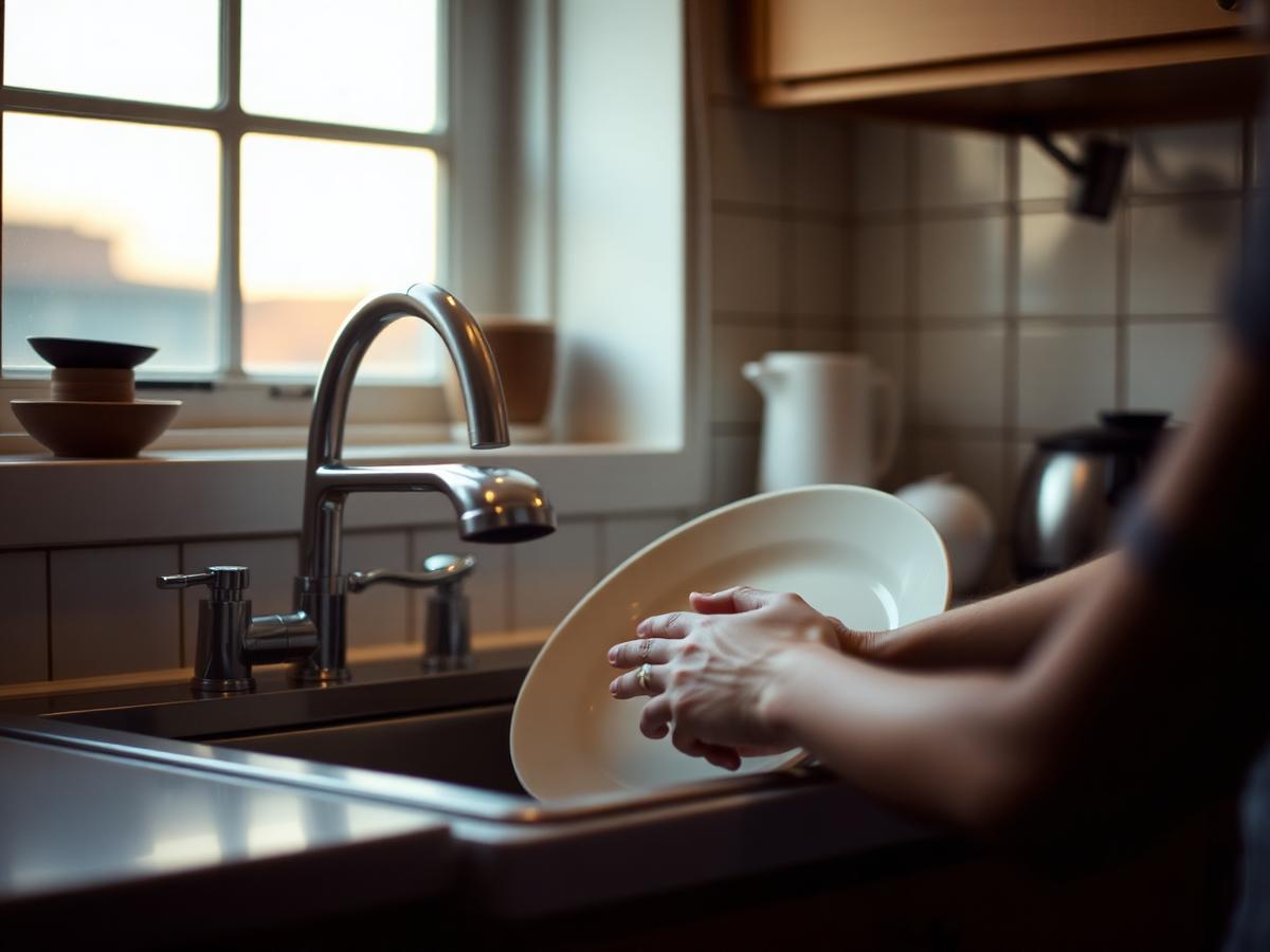 Hands setting a dinner plate into the kitchen sink as evening light fades